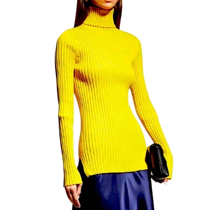 Tory Burch Yellow Ribbed Turtleneck Sweater Size Small